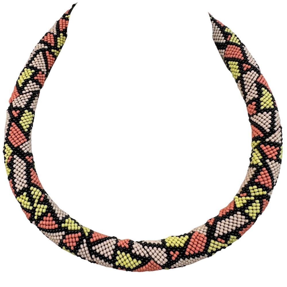 Seed Bead Geometric Design Tube Necklace Pink Yellow - Picture 1 of 3